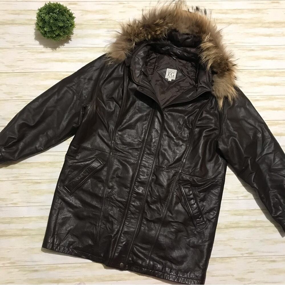 Women's Brown Leather Jacket with Faux Fur Trim